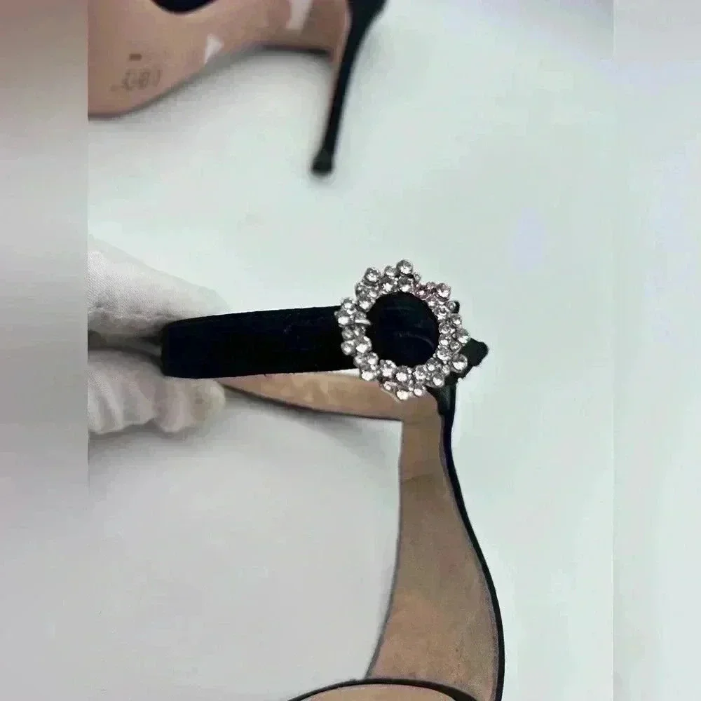GIANVITO ROSSI Ava Crystal Embellished Satin Sandals Heels Black Size 37 - Picture 8 of 14